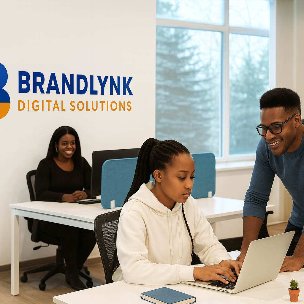Brandlynk Digital Solutions team members collaborating in a modern Nairobi office, working together on digital projects with laptops and creative materials on a large wooden table