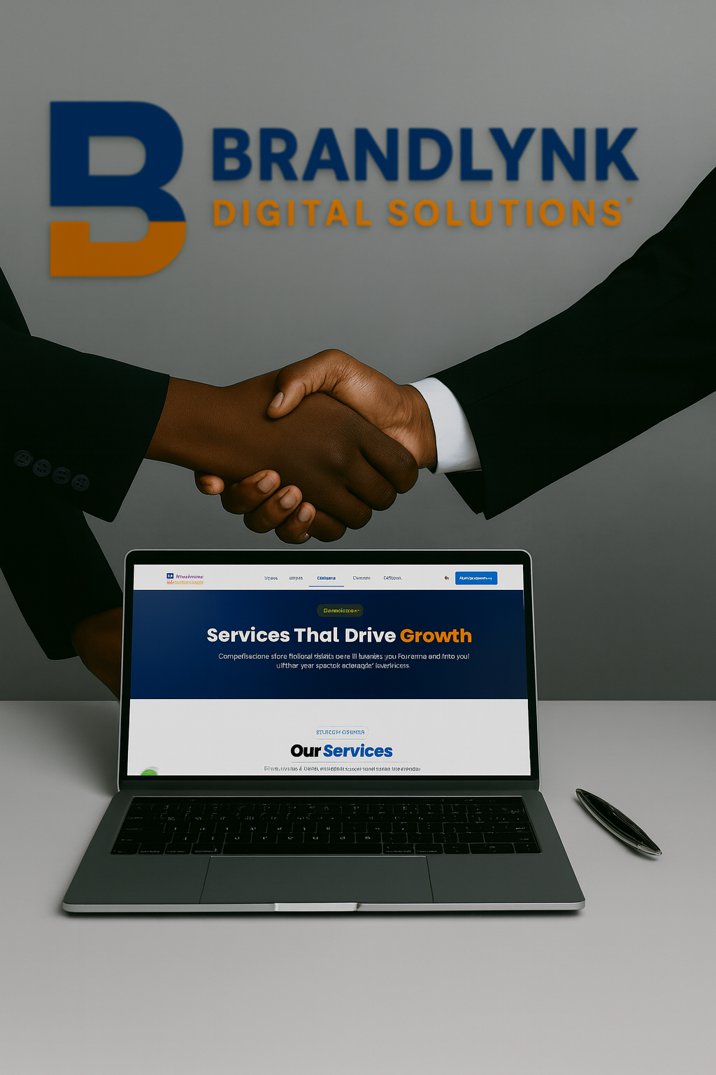 Professional team collaborating and shaking hands, representing trust and partnership in business solutions